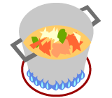 大きめの鍋にだしと切った野菜、水を入れ、中火で煮ます。